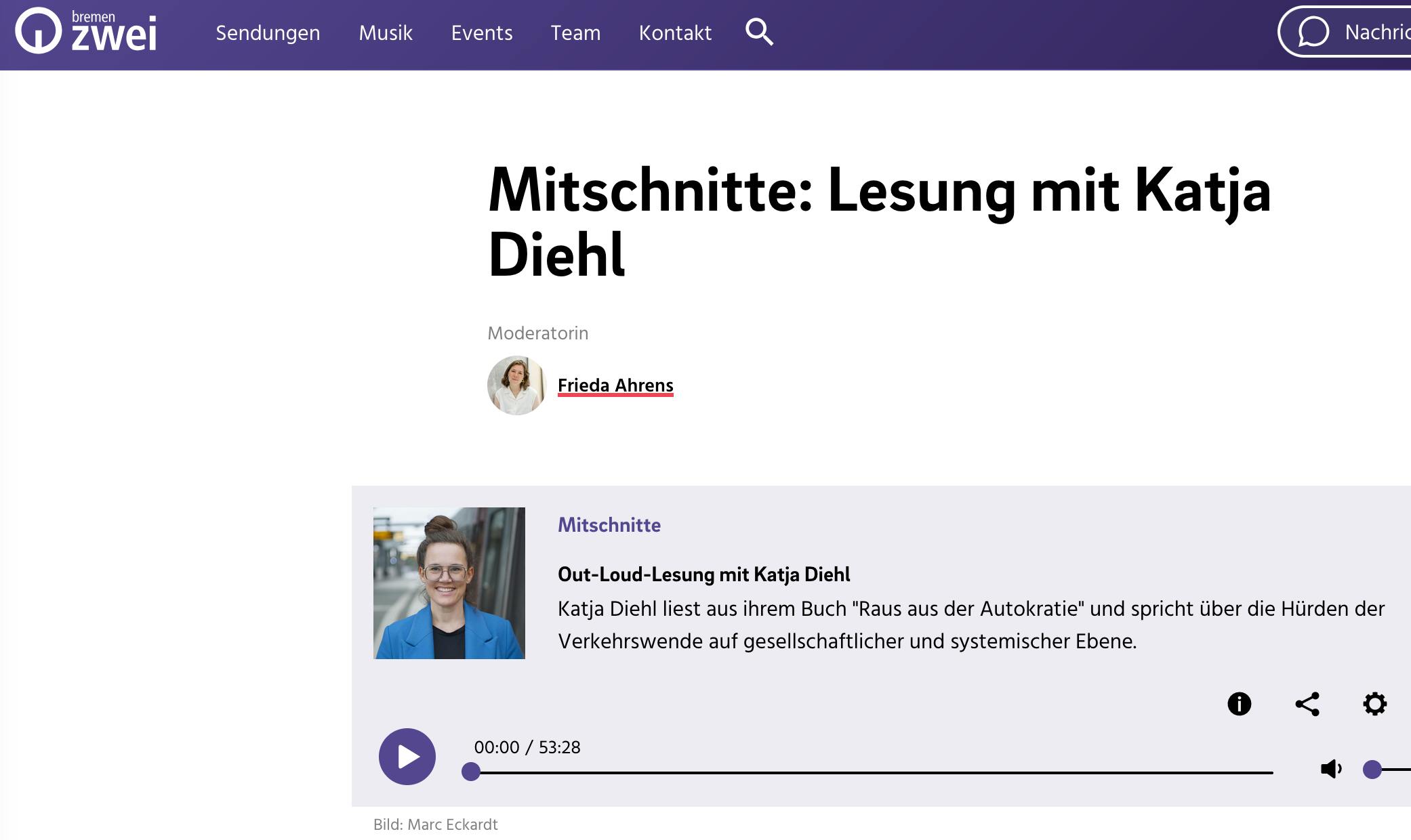Screenshot. Text: Out-Loud-Lesung mit Katja Diehl

Katja Diehl liest aus ihrem Buch "Raus aus der Autokratie" und spricht über die Hürden der Verkehrswende auf gesellschaftlicher und systemischer Ebene.