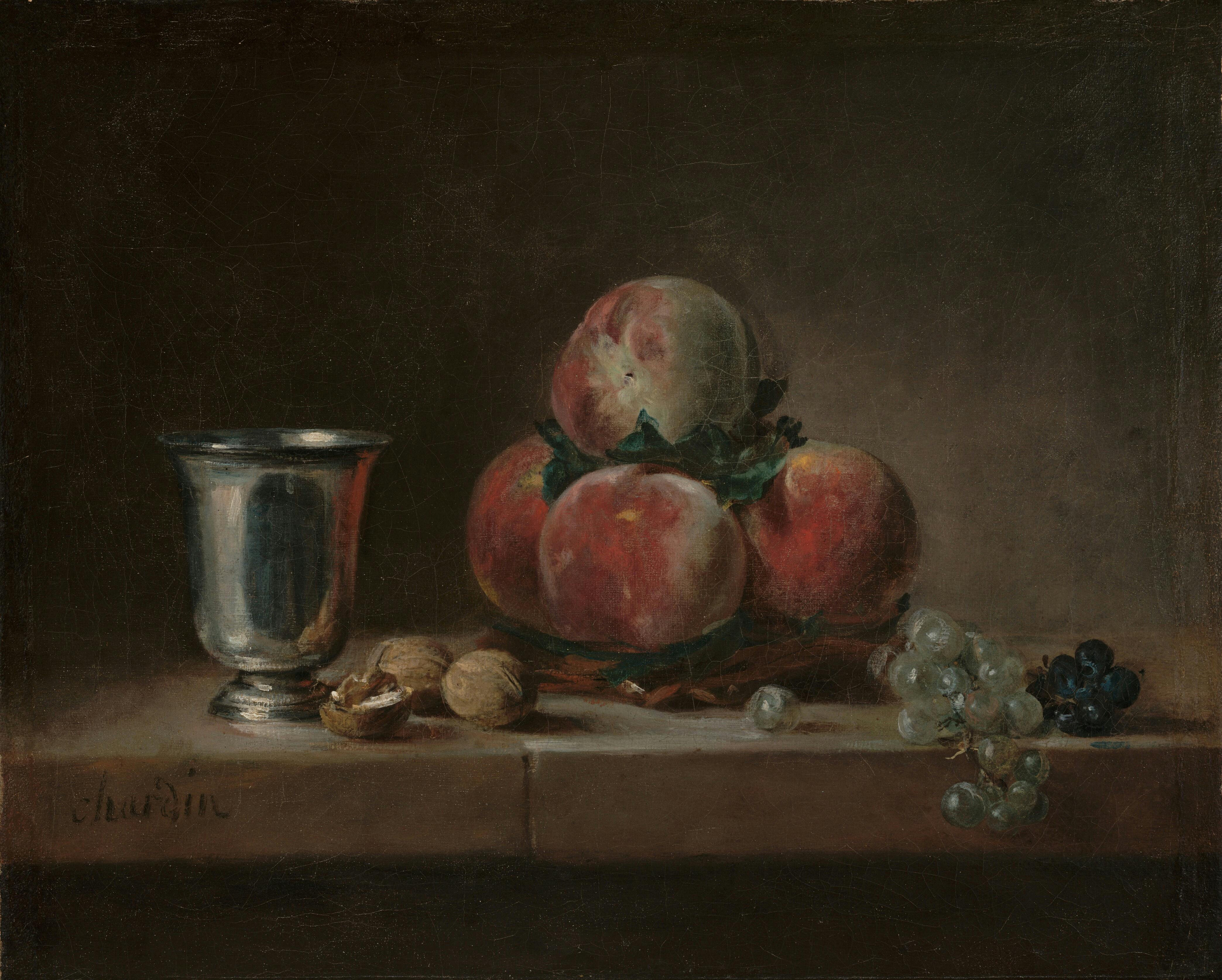 Jean-Siméon Chardin (French, 1699 - 1779)
Still Life with Peaches, a Silver Goblet, Grapes, and Walnuts, about 1759–1760
Oil on canvas
Unframed: 38.1 × 46.7 cm (15 × 18 3/8 in.), Framed [Outer Dim]: 49.5 × 57.8 × 4.4 cm (19 1/2 × 22 3/4 × 1 3/4 in.)
The J. Paul Getty Museum, Los Angeles, 86.PA.544