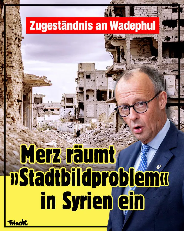 Fotocollage: Friedrich Merz vor einer zerbombten syrischen Stadt, dazu der Text: "Zugeständnis an Wadephul: Merz räumt 'Stadtbildproblem' in Syrien ein."