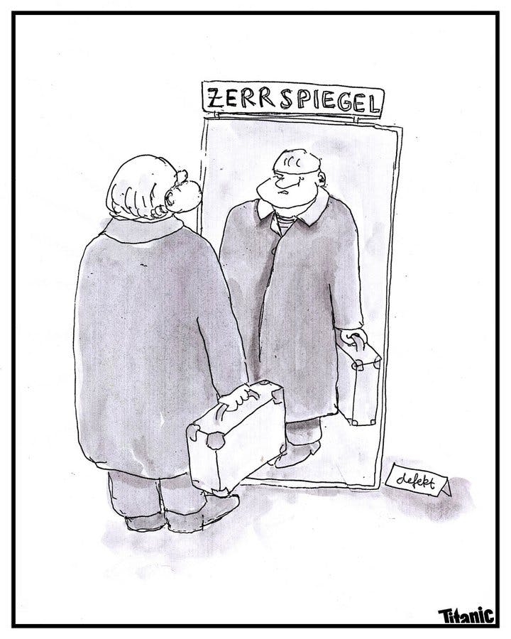 von Paul Amsel gezeichneter Cartoon: Eine Person betrachtet sich erstaunt in einem Zerrspiegel, neben dem ein kleines Schild mit der Aufschrift "defekt" steht.