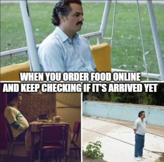 Wartender Mann und der Text when you order food online and keep checkinf if it's arrived