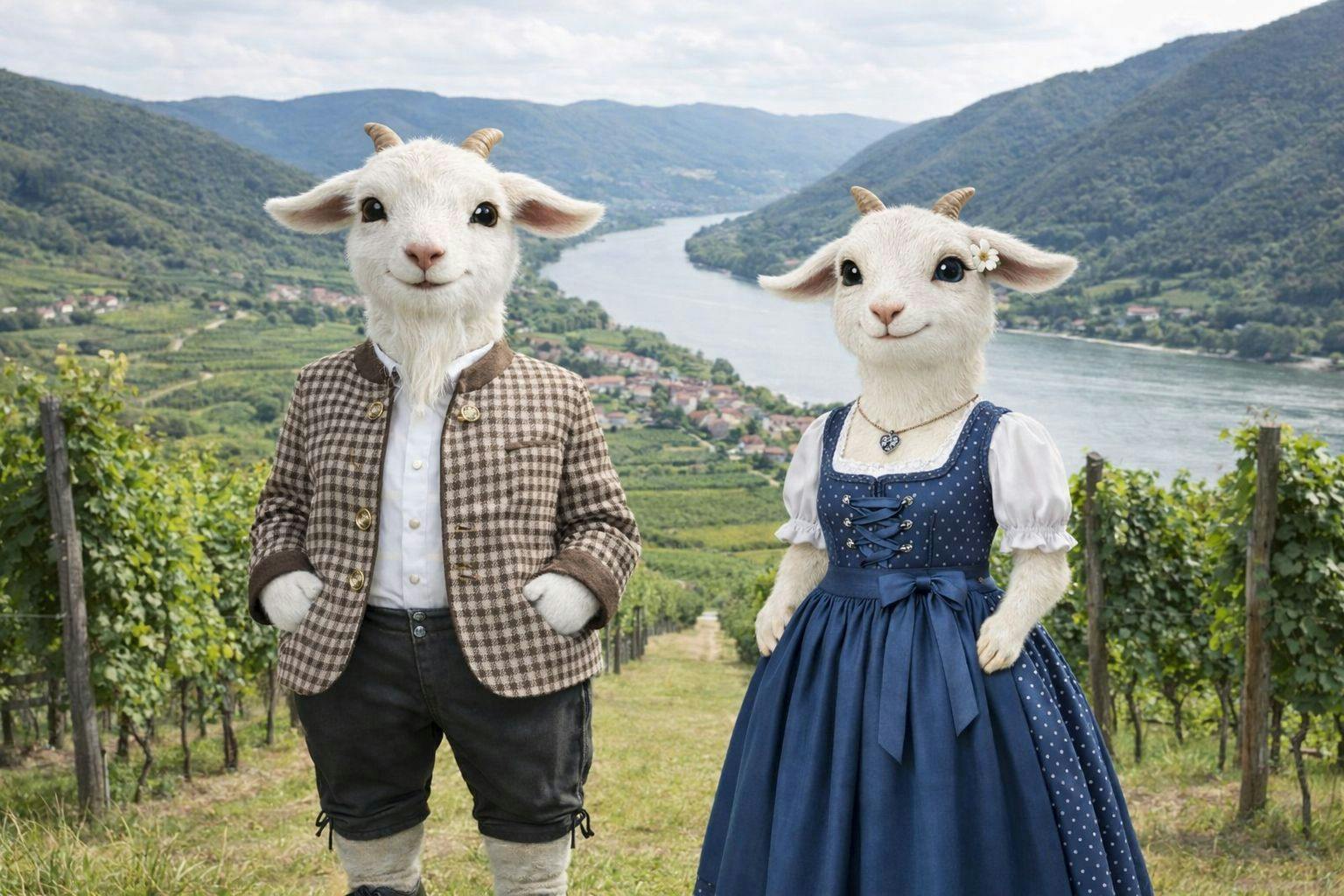 KI-generiertes Bild zweier Ziegen im Trachtenanzug in einem Weingarten in der Wachau