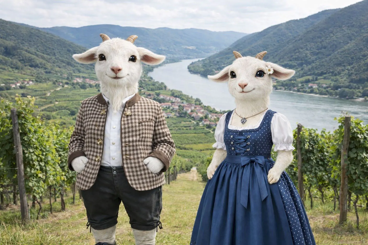KI-generiertes Bild zweier Ziegen im Trachtenanzug in einem Weingarten in der Wachau