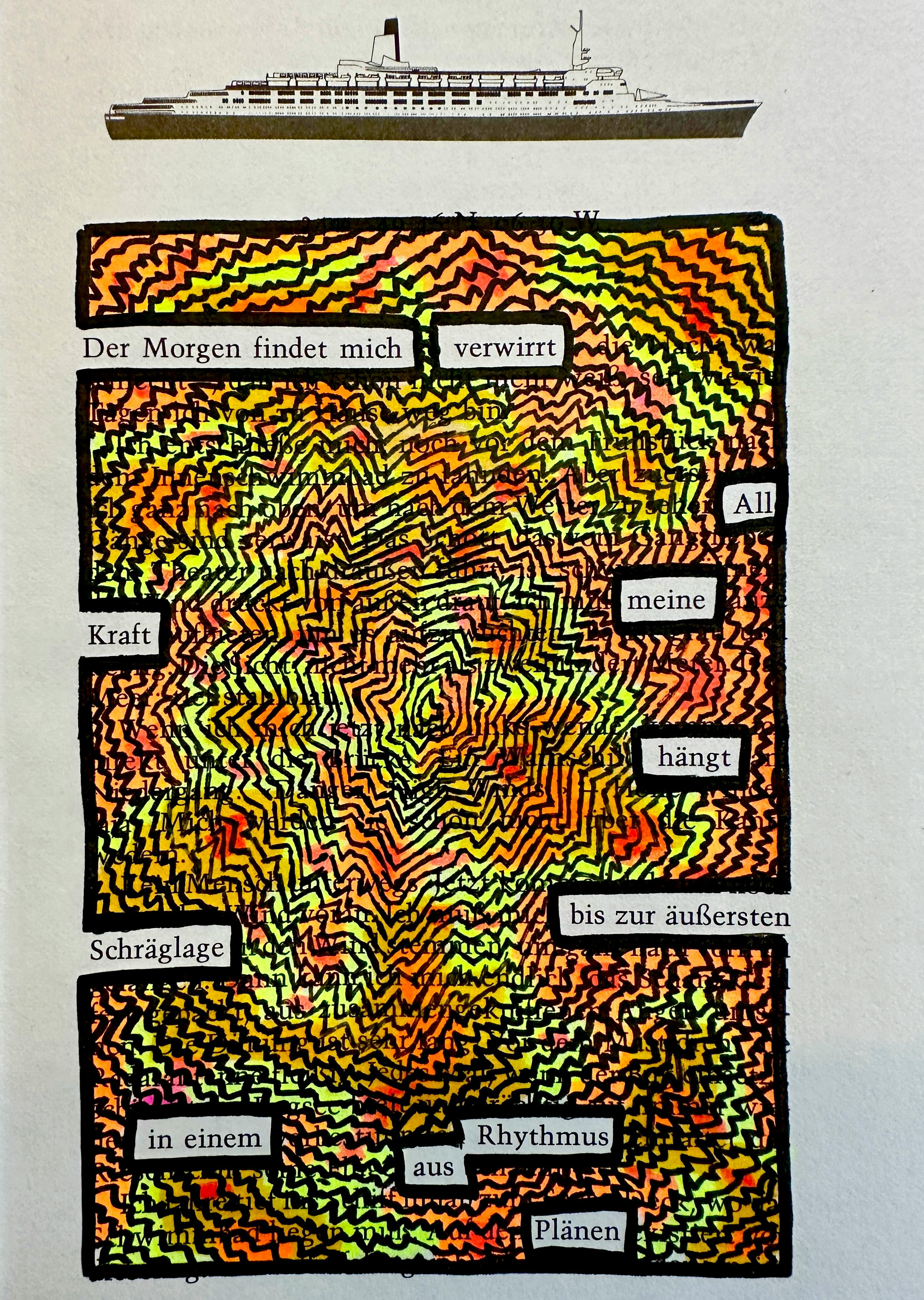 Textverdunkelung: Der Morgen findet mich verwirrt. All meine Kraft hängt bis zur äußersten Schräglage in einem Rhythmus aus Plänen.