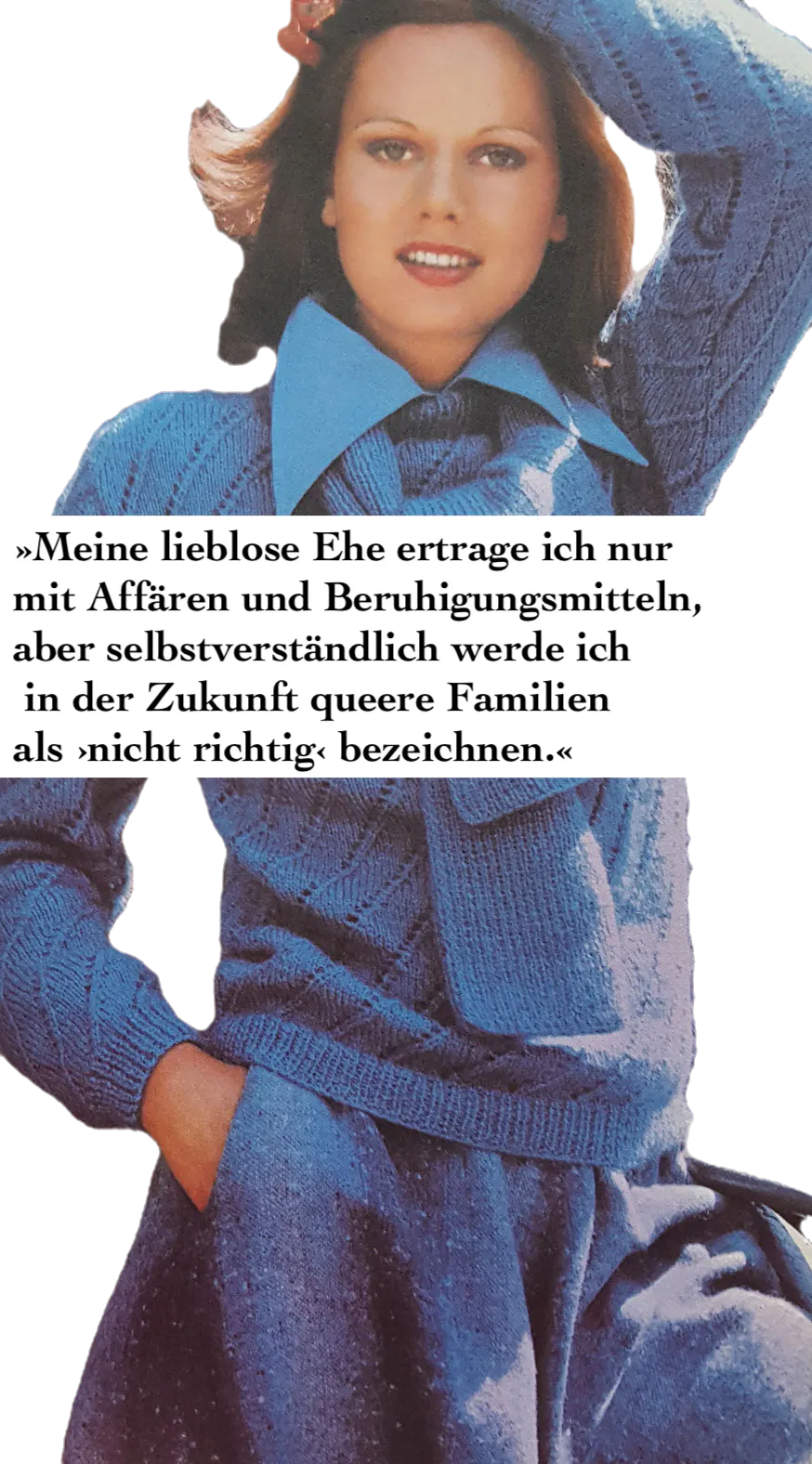 Weiße Person in selbstgestricktem Pullover. Text: »Meine lieblose Ehe ertrage ich nur mit Affären und Beruhigungsmitteln, aber selbstverständlich werde ich in der Zukunft queere Familien als ›nicht richtig‹ bezeichnen.«