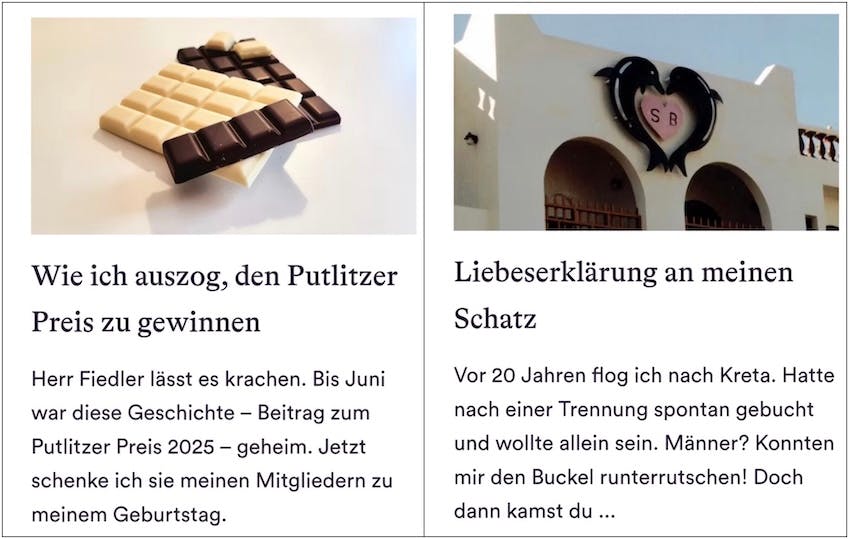 Zwei Extra-Geschichten von Christine Piontek, die bei den Piontextchen seit dem Launch des Projekts bei Steady am 27. Mai 2025 erschienen sind (Screenshots)