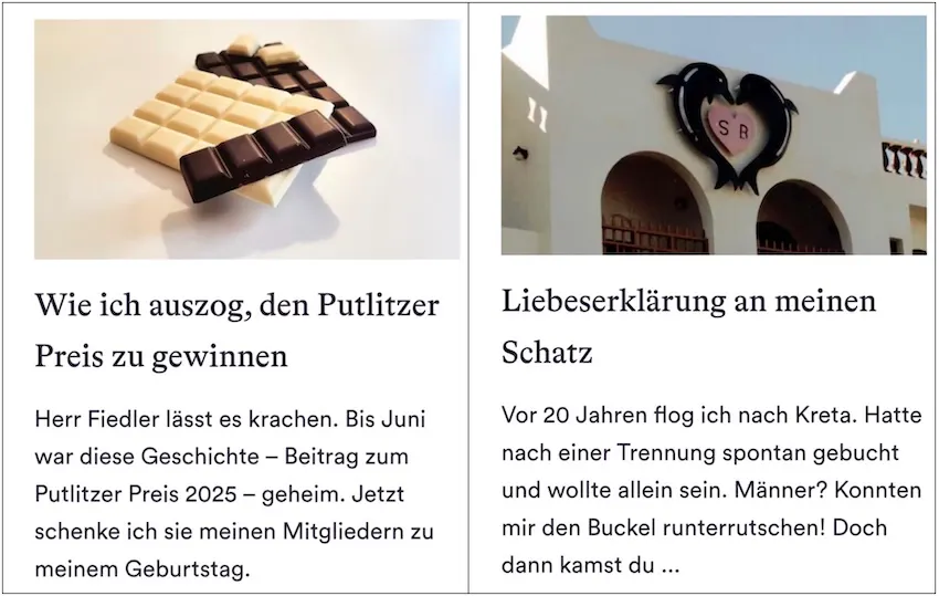 Zwei Extra-Geschichten von Christine Piontek, die bei den Piontextchen seit dem Launch des Projekts bei Steady am 27. Mai 2025 erschienen sind (Screenshots)