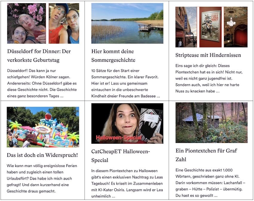 Überblick über die sechs monatlichen Piontextchen von Christine Piontek in dem halben Jahr seit dem Launch des Projekts bei Steady am 27. Mai 2025 (Screenshots)