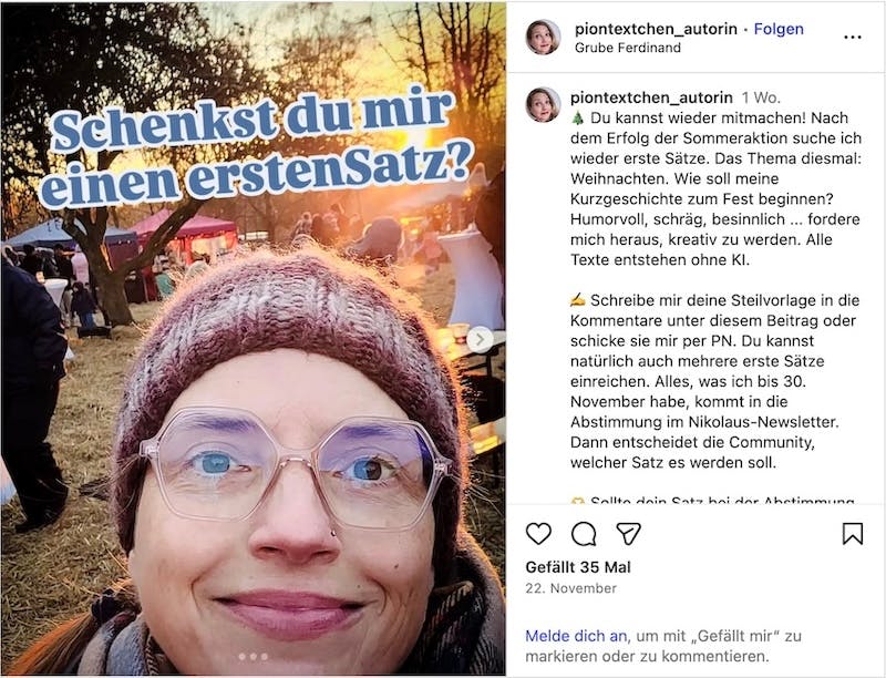 Screenshot eines Beitrags von Christine Piontek auf Instagram, in dem sie dazu aufruft, erste Sätze für eine Weihnachtsgeschichte beizusteuern.