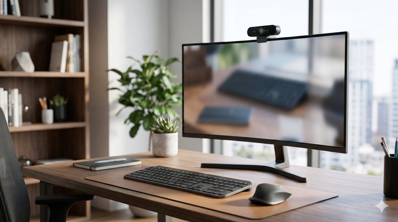 Picture of Logitech products such as a keyboard, mouse, and webcam