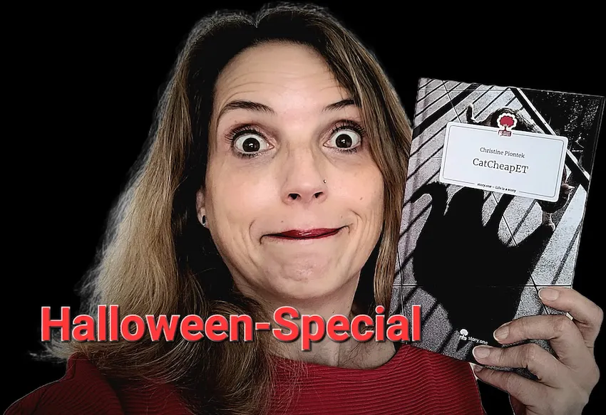 Christine Piontek mit ihrem Buch CatCheapET und dem Zusatz "Halloween-Special"