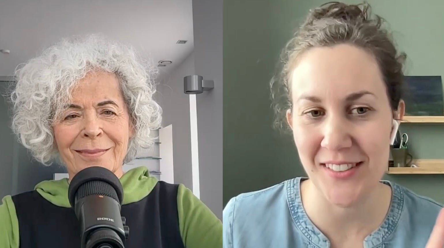 Screenshot von der Podcast-Aufnahme: Die Gesichter von Eva Loschky und Miriam Schaan im Gespräch