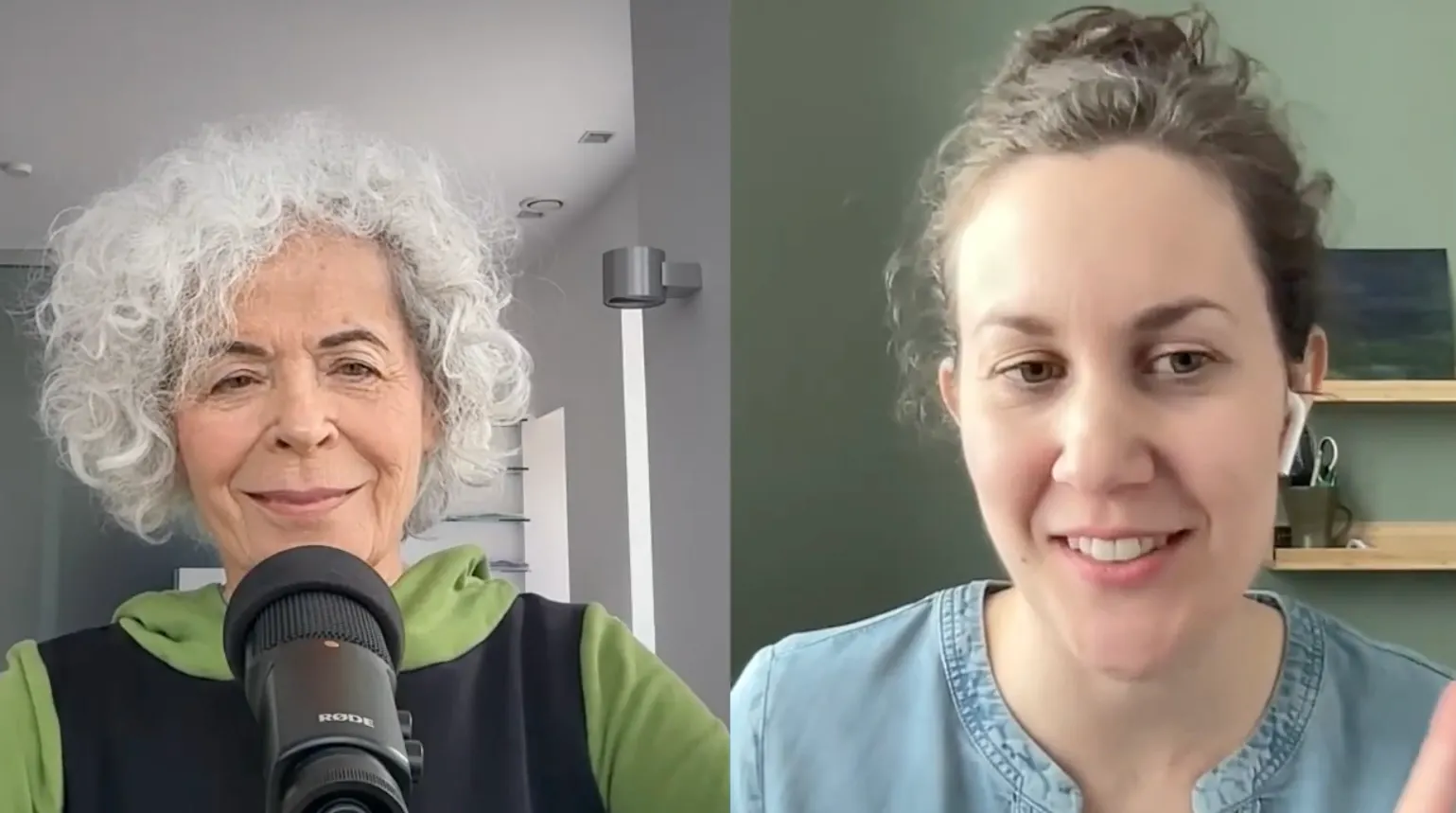 Screenshot von der Podcast-Aufnahme: Die Gesichter von Eva Loschky und Miriam Schaan im Gespräch