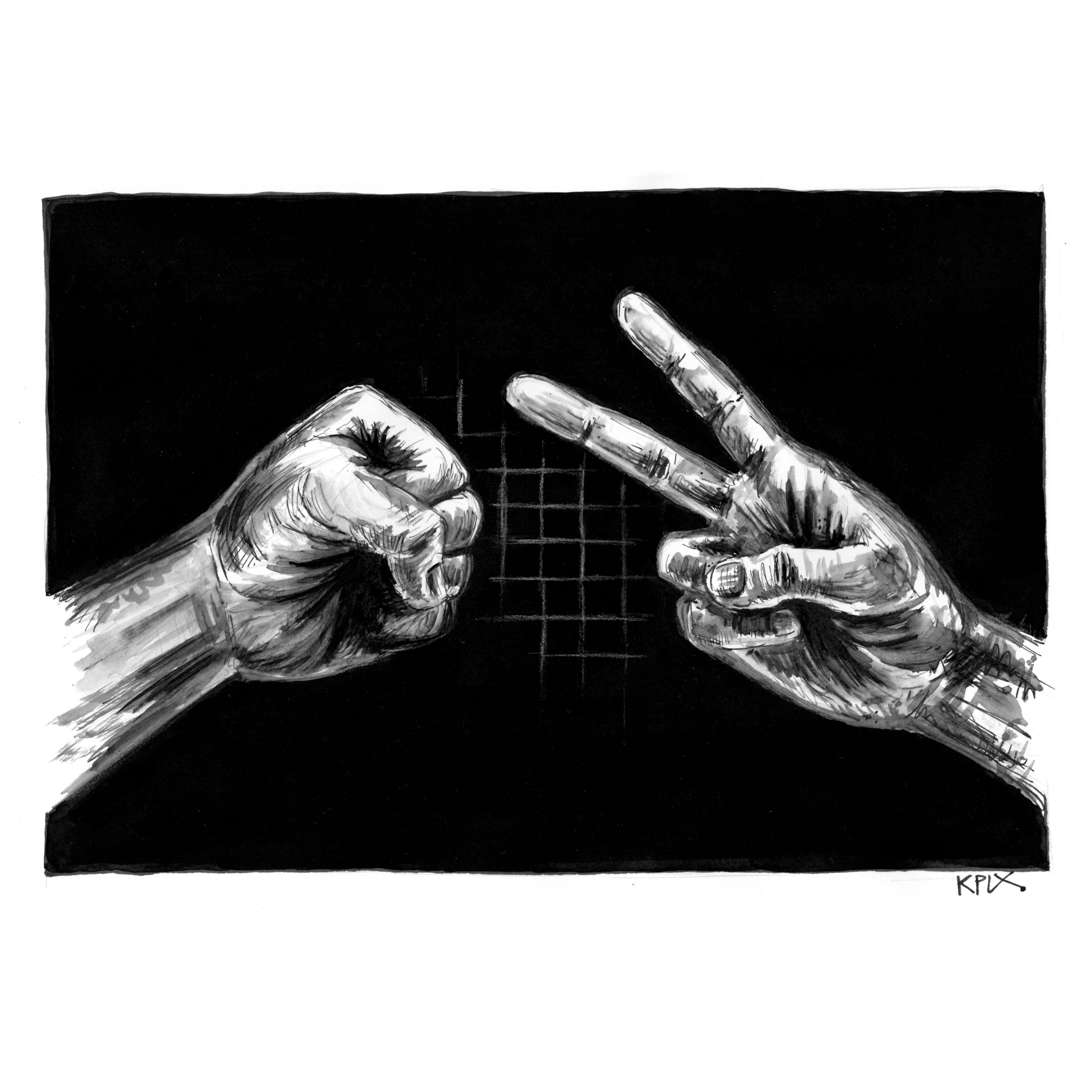 Schwarz-weiße Tuschezeichnung mit starkem Kontrast. Zwei realistisch gezeichnete Hände stehen sich gegenüber – links eine geballte Faust als „Stein“, rechts eine Hand mit gespreiztem Zeige- und Mittelfinger in der „Schere“-Geste. Der Hintergrund ist tiefschwarz, wodurch die hellen Hände plastisch hervortreten. Zwischen ihnen ist ein angedeutetes Gittermuster zu sehen. Die Szene erinnert an das Spiel „Schere, Stein, Papier“ und symbolisiert Konfrontation oder Rivalität.