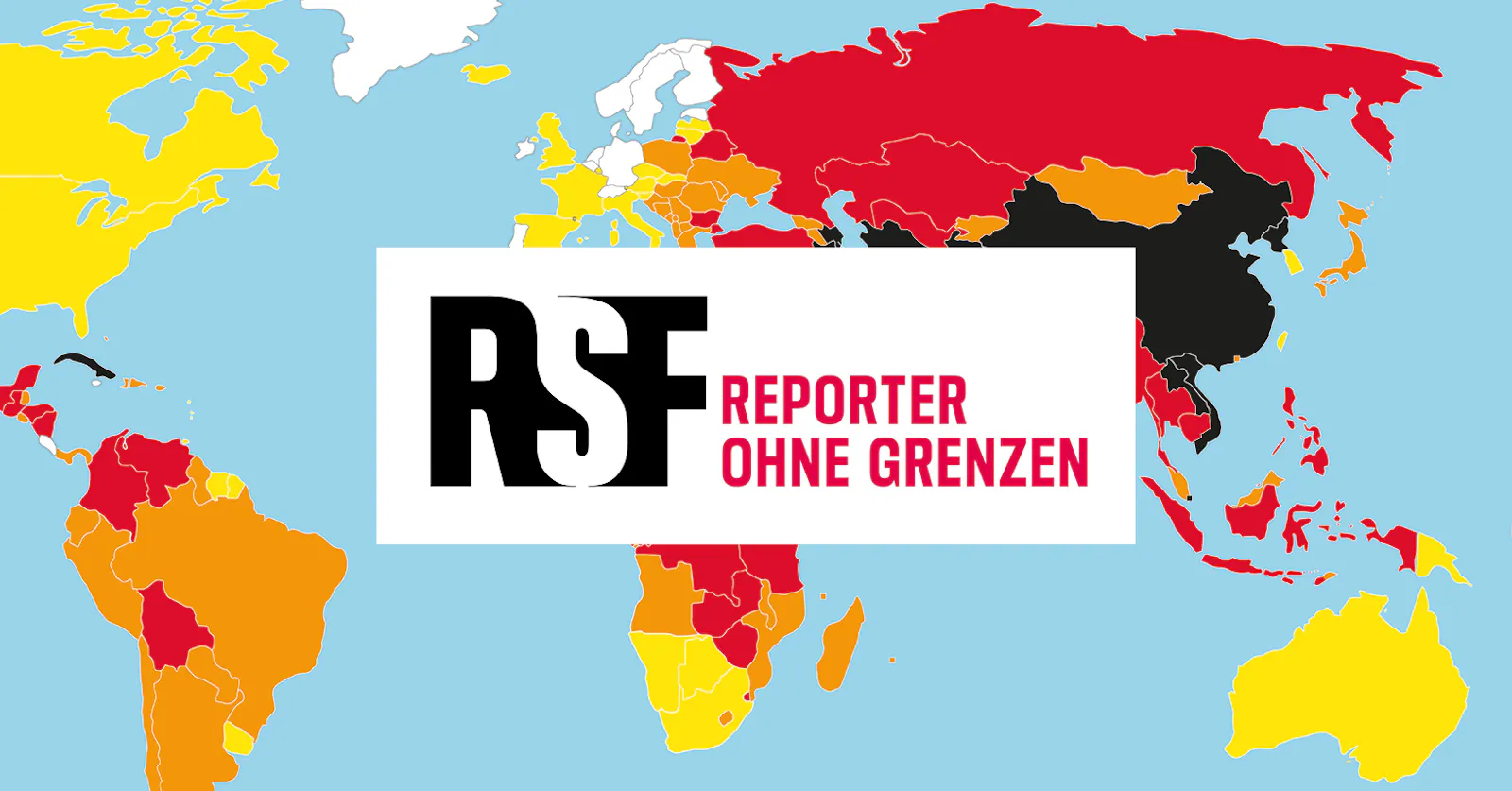 Das Logo von Reporter ohne Grenzen auf einer Weltkarte und Info-Grafik zur Pressefreiheit.