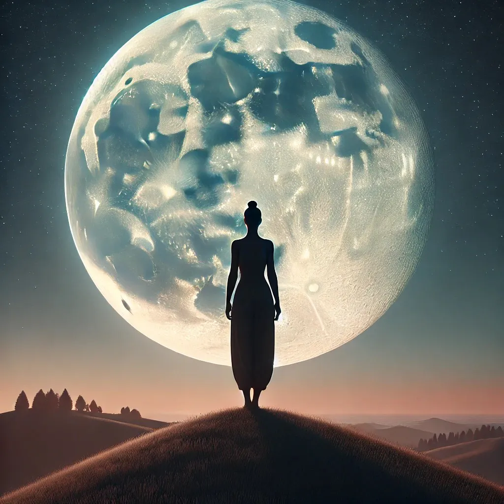 Die Silhouette einer Frau vor einem riesigen Vollmond.