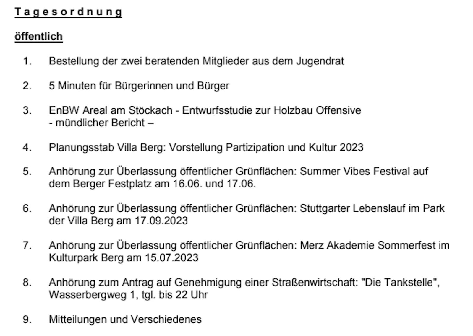 Tagesordnung der öffentlichen Sitzung des Bezirksbeirats Stuttgart-Ost am 24. Mai