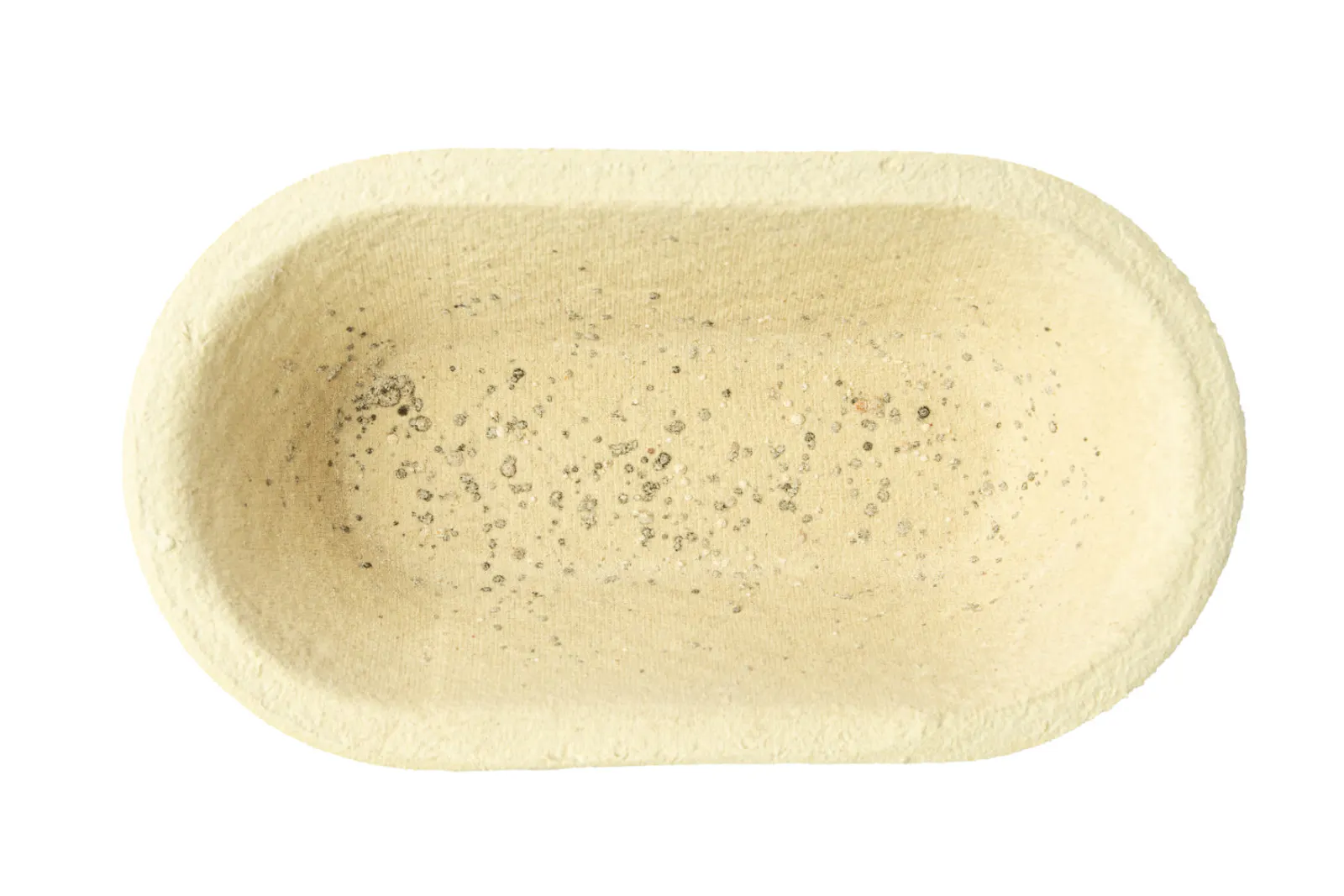 Von mikrobiellen Kolonien besiedelter Gärkorb (Länge Boden: 17 cm, Länge Öffnung mit Rand: 26 cm).