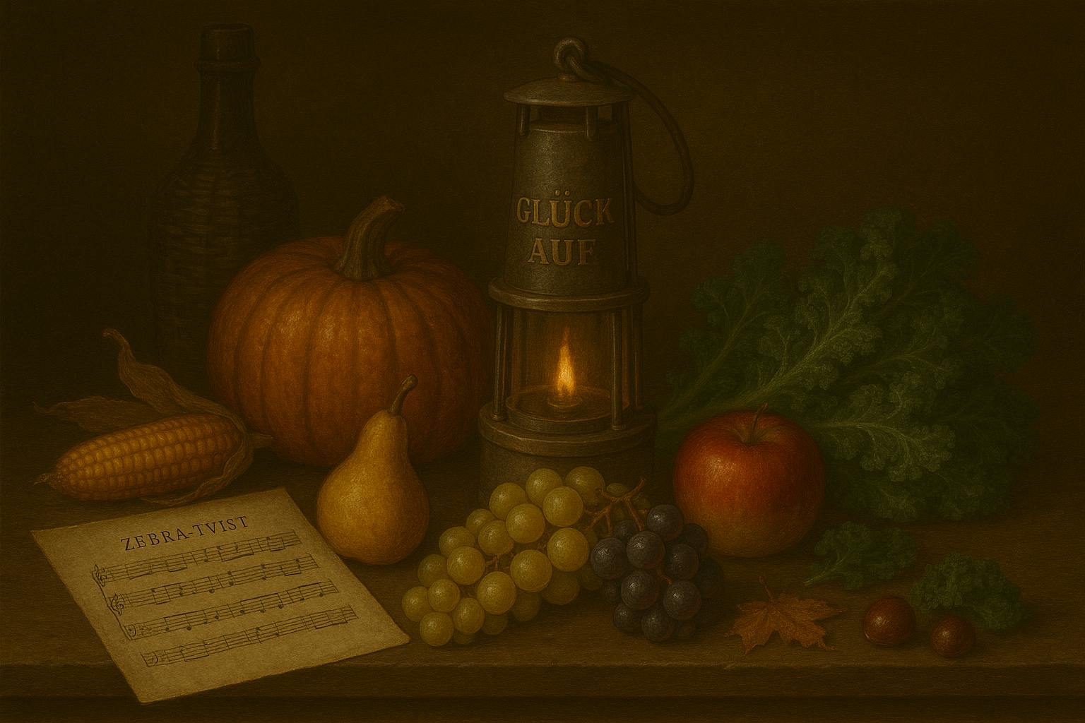 Stilleben mit Grubenlampe auf der "Glück auf" steht, Kürbis, Maiskolben, Birne, Weintrauben, einem Apfel, Grünkohl, Ahornlaub und Kastanien und Notenblatt mit der Überschrift "Zebra-Twist".