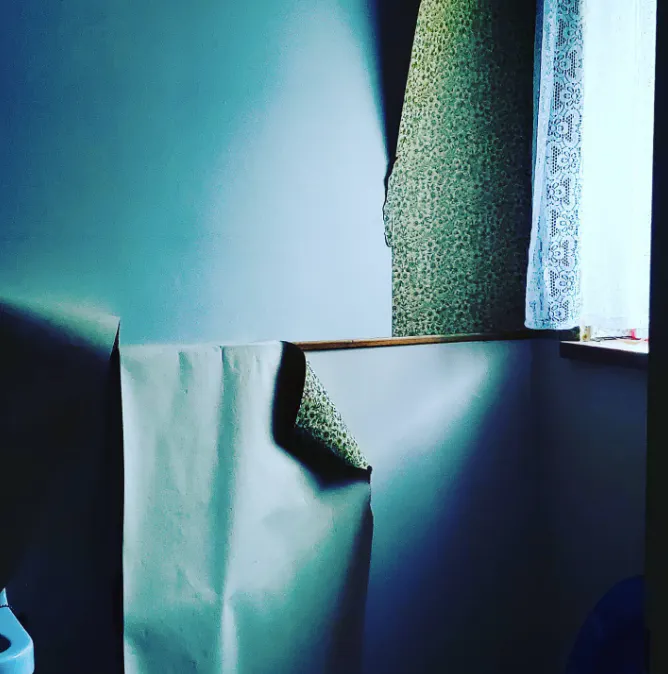 Detailaufnahme einer Zimmerecke mit heruntergerissenen, herunterhängenden Tapeten und einem Stück Spitzenvorhang vor dem Fenster, das man im Anschnitt sieht.
Das Foto ist in blau und grüntönen gehalten.