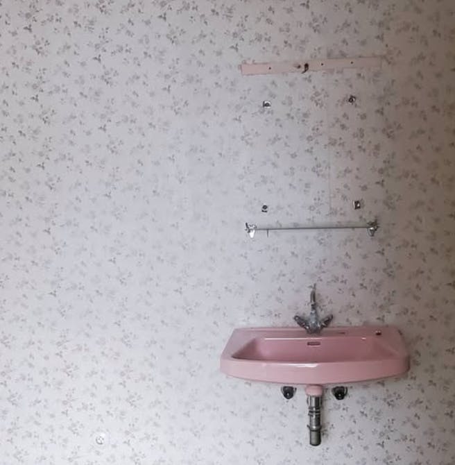 Aufnahme einer Wand mit Blümchentapete. Rechts ist ein rosafarbenes Waschbecken an die Wand montiert. Es sind die Spuren einer Spiegelaufhängung zu erkennen