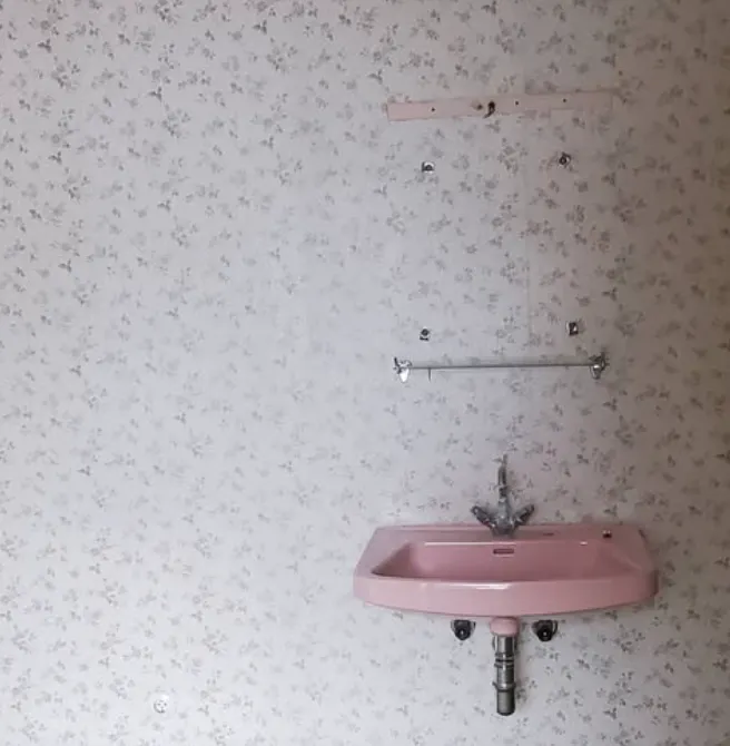 Aufnahme einer Wand mit Blümchentapete. Rechts ist ein rosafarbenes Waschbecken an die Wand montiert. Es sind die Spuren einer Spiegelaufhängung zu erkennen