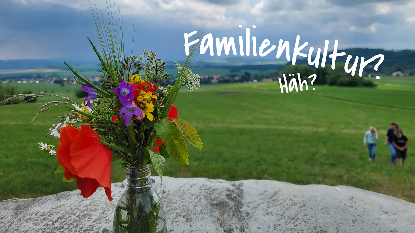 Ein Wildblumenstrauß in einer Plastikflasche auf einem Stein in der Natur