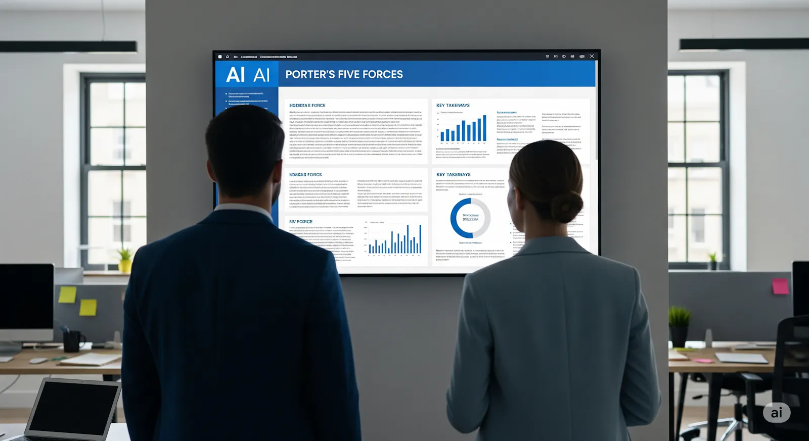 an office team performing porter's 5 forces analysis with the help of AI