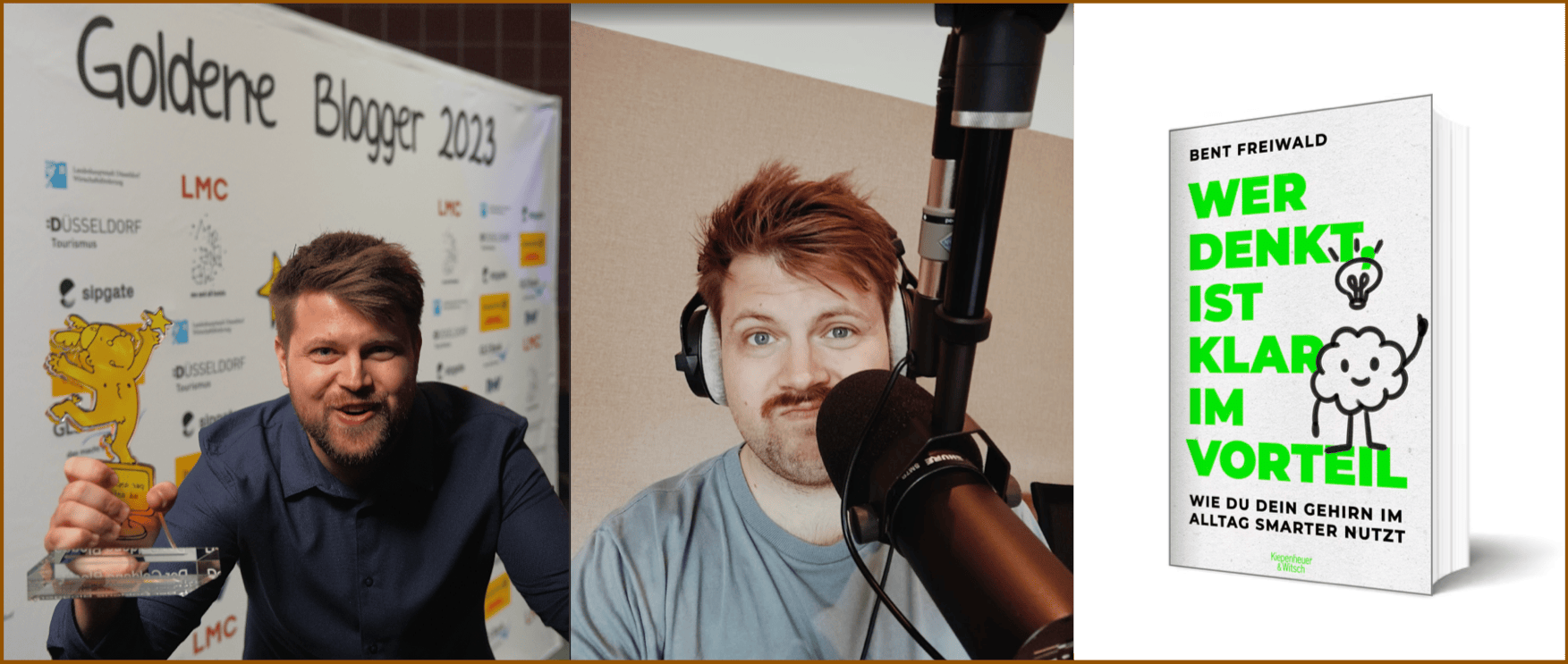 Collage aus drei Bildern. Bild 1: Ich beim Goldenen Blogger 2023. Bild 2: Ich im Tonstudio bei der Aufnahme meines Podcasts. Und Bild 3: Cover von meinem Buch.