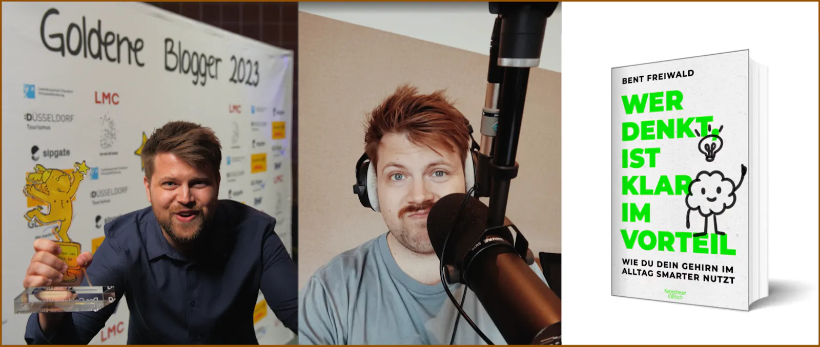 Collage aus drei Bildern. Bild 1: Ich beim Goldenen Blogger 2023. Bild 2: Ich im Tonstudio bei der Aufnahme meines Podcasts. Und Bild 3: Cover von meinem Buch.