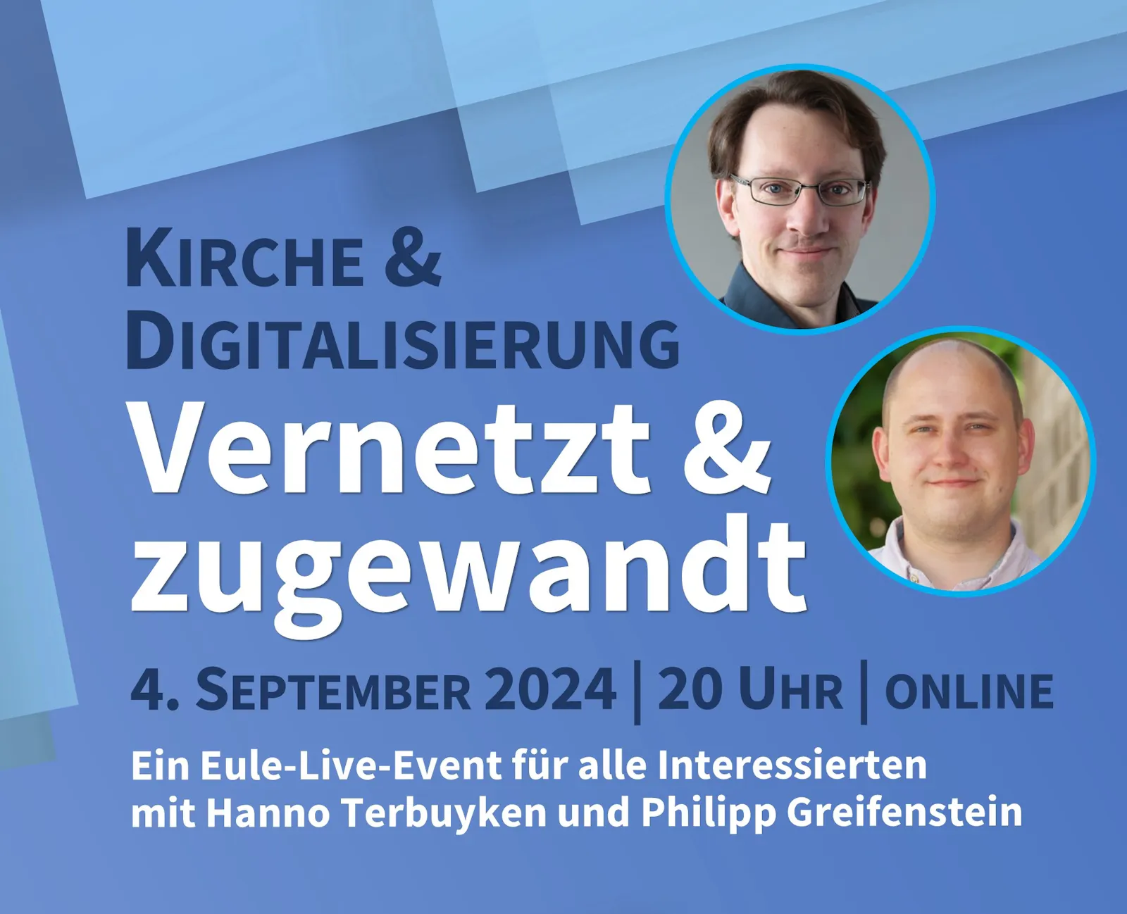 Eule-Kachel mit Überschrift und Untertitel zur Veranstaltung, dazu je ein Porträtfoto von Hanno Terbuyken und Philipp Greifenstein