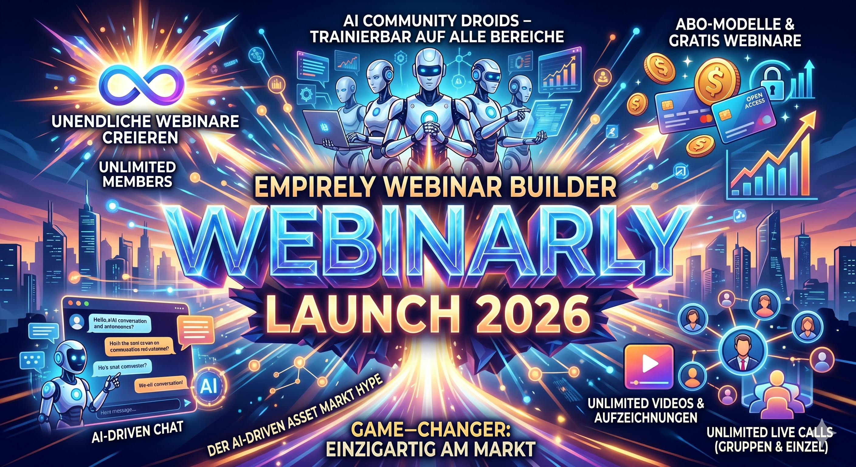 Werbeplakat für den Launch 2026 von Webinarly – Empirely Webinar Builder. Ein futuristisches, hochdynamisches Design zeigt die revolutionären Funktionen der KI-gestützten Webinar-Plattform:

Zentraler Titel: "WEBINARLY" (Empirely Webinar Builder) LAUNCH 2026.

KI-gesteuert: Trainierbare KI-Community-Droids und ein KI-gesteuerter Live-Chat.

Unbegrenzte Freiheit: Erstellung unendlicher Webinare, unbegrenzte Mitglieder, Videos & Aufzeichnungen sowie Live-Calls (Einzel- & Gruppen).

Monetarisierung: Nahtlose Integration von Abo-Modellen und Gratis-Webinaren.

Markt-Disruption: Einzigartiger "Game-Changer" auf dem KI-Asset-Markt.

Ein visuelles Feuerwerk aus Technologie, Innovation und grenzenlosem Wachstumspotenzial.