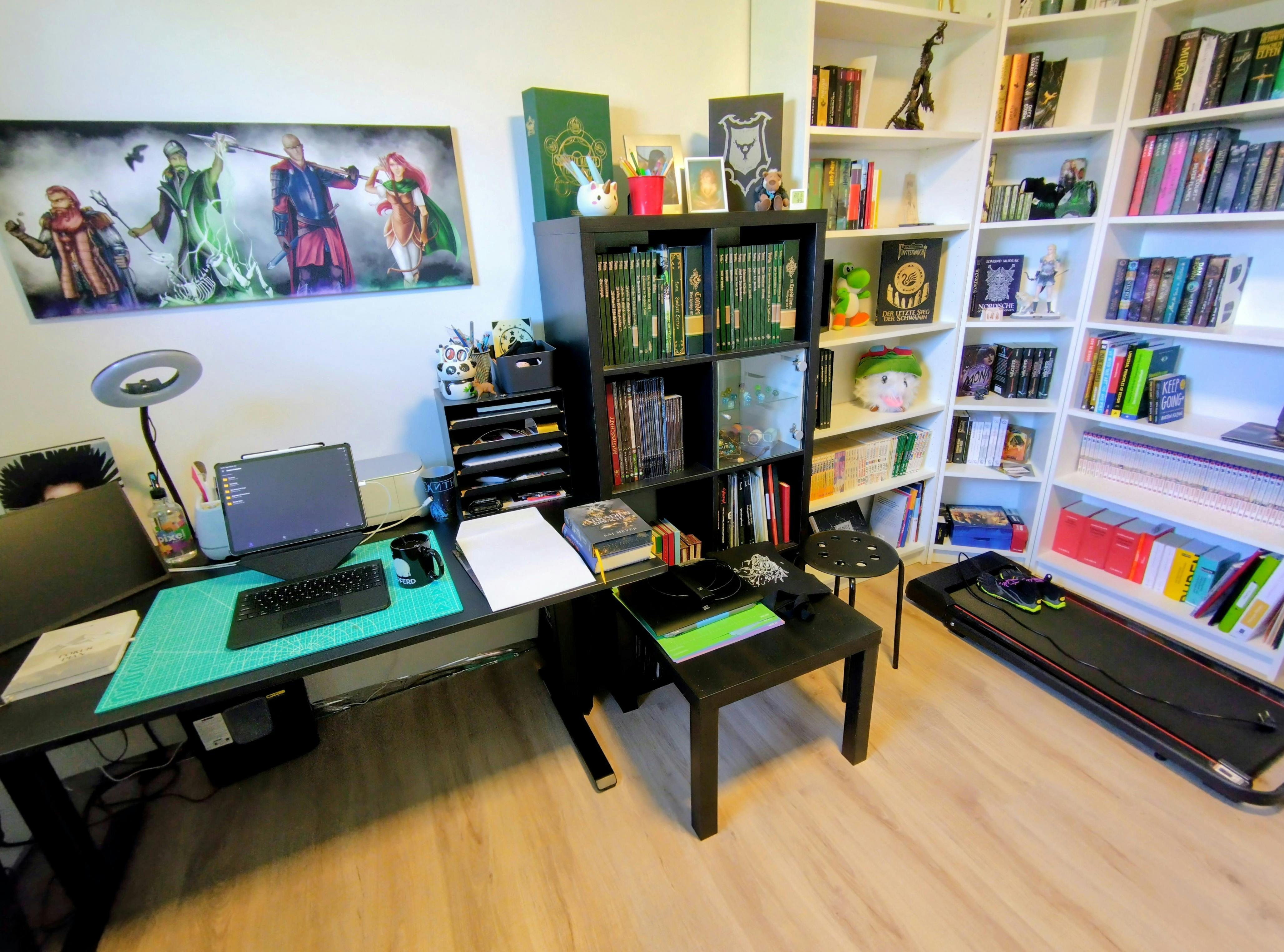 Meine Bliss Station mit Schreibtisch, Bücherregalen und Laufband