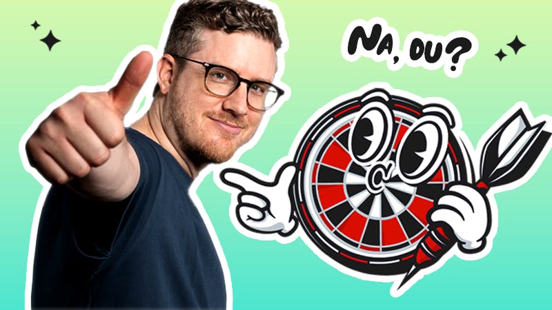 Tim zeigt Daumen hoch und lächelt in die Kamera, daneben eine gezeichnete Dartscheibe mit Gesicht, die einen Dartpfeil hält und fragend ‚Na, du?‘ zu Tim sagt.
