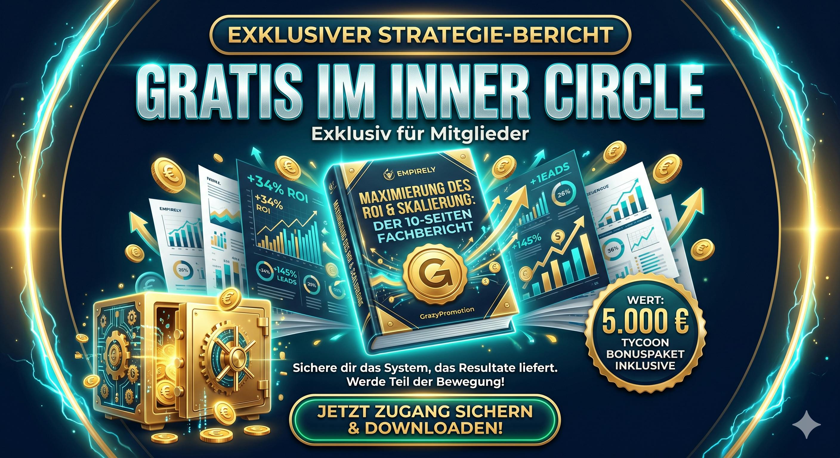 Werbegrafik von GrazyPromotion, die den exklusiven 10-seitigen PDF-Fachbericht zur ROI-Maximierung und Skalierung zeigt. Um das zentrale PDF herum schweben Diagramme mit Skalierungsdaten (+34% ROI). Links ist ein geöffneter goldener Tresor mit Münzen zu sehen, rechts ein Siegel für das 5.000 € Tycoon Bonuspaket. Der Titel besagt in großen Buchstaben: Gratis im Inner Circle - Exklusiv für Mitglieder.