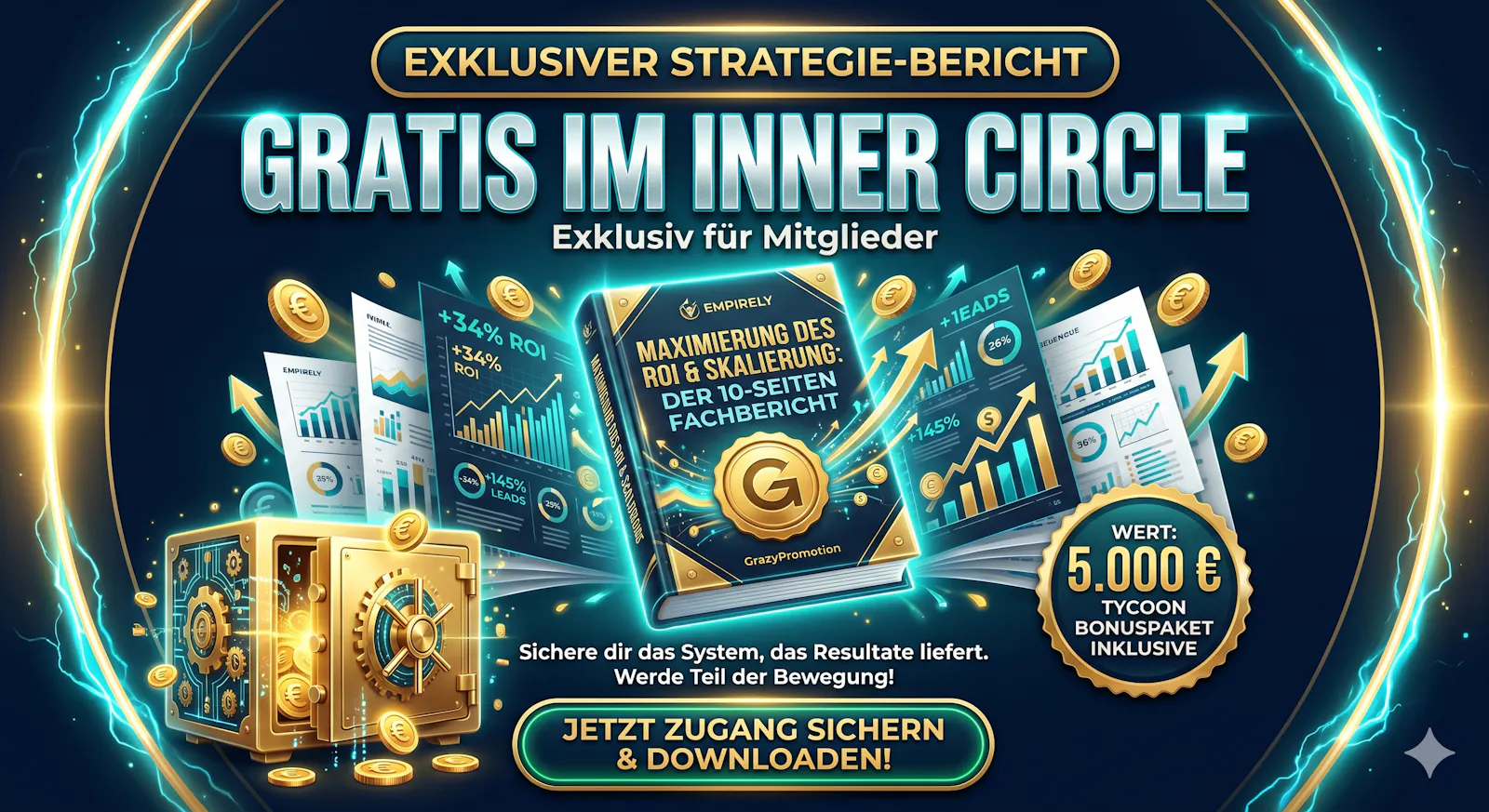 Werbegrafik von GrazyPromotion, die den exklusiven 10-seitigen PDF-Fachbericht zur ROI-Maximierung und Skalierung zeigt. Um das zentrale PDF herum schweben Diagramme mit Skalierungsdaten (+34% ROI). Links ist ein geöffneter goldener Tresor mit Münzen zu sehen, rechts ein Siegel für das 5.000 € Tycoon Bonuspaket. Der Titel besagt in großen Buchstaben: Gratis im Inner Circle - Exklusiv für Mitglieder.