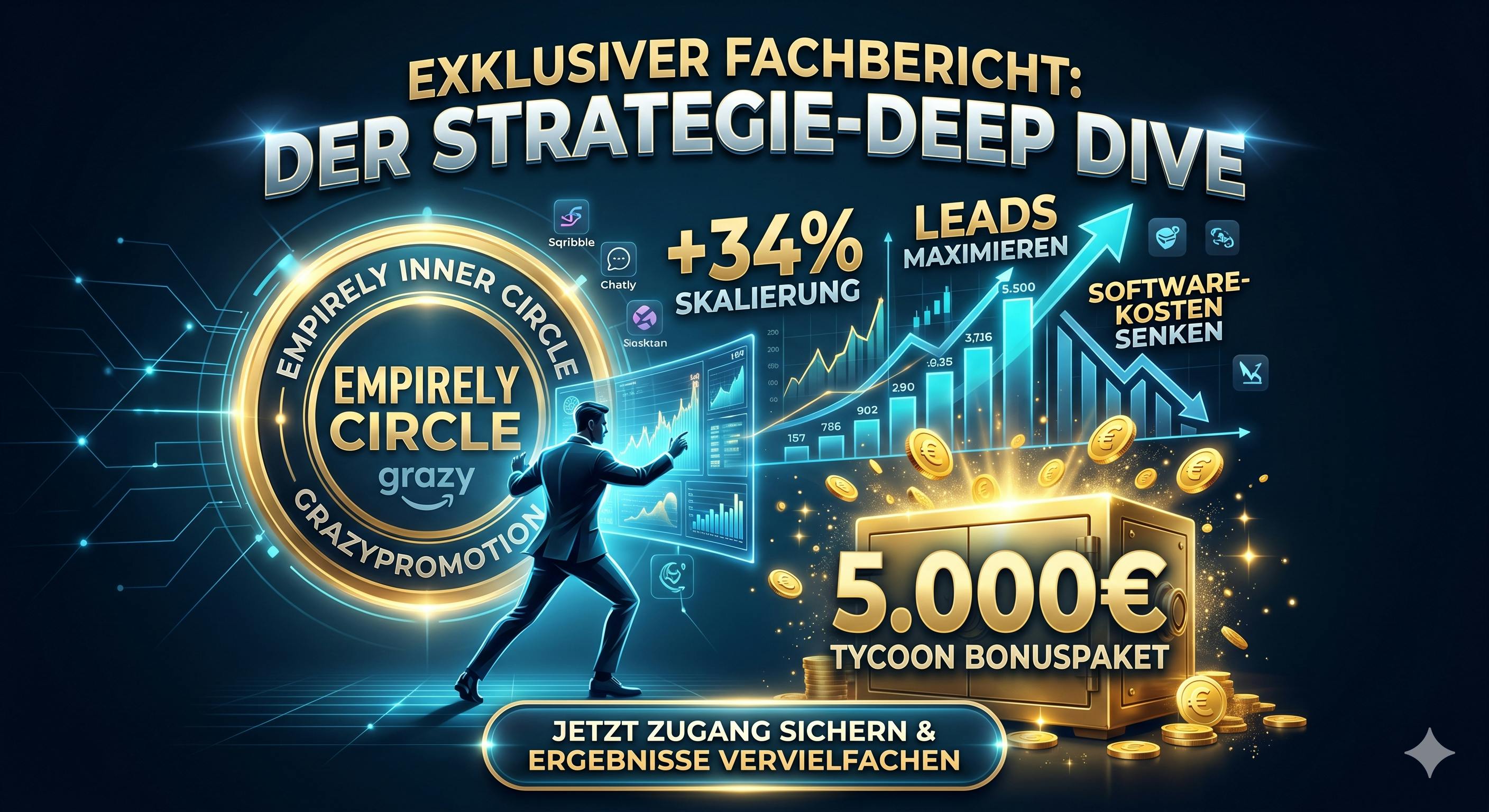 Werbegrafik für den exklusiven Empirely Inner Circle Fachbericht von GrazyPromotion. Ein Geschäftsmann analysiert leuchtende Daten-Charts, die eine Skalierung von 34 Prozent, maximale Leadgenerierung und sinkende Softwarekosten visualisieren. Im Vordergrund steht eine geöffnete goldene Schatztruhe, die das 5.000 Euro Tycoon Bonuspaket repräsentiert.