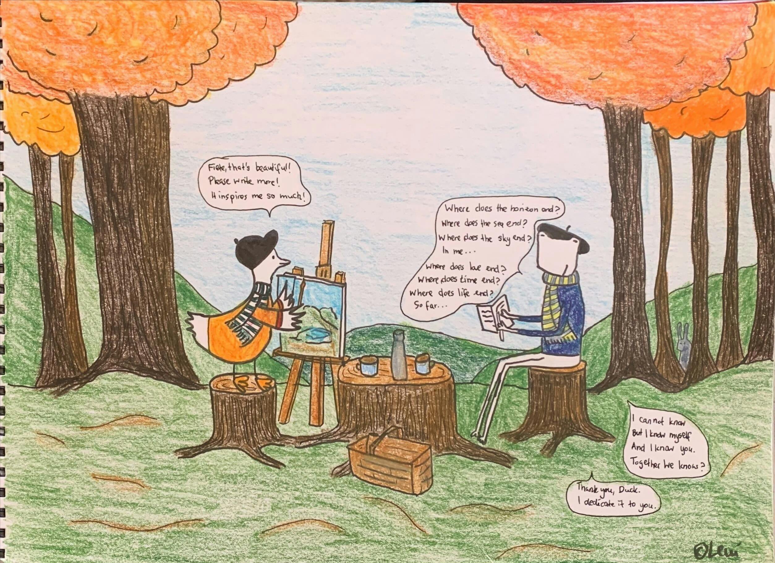 Fiete and Duck spending creative time in the forest in autumn.