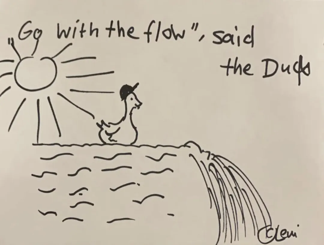 Duck swimming towards a waterfall and saying: "Go with the flow!"
