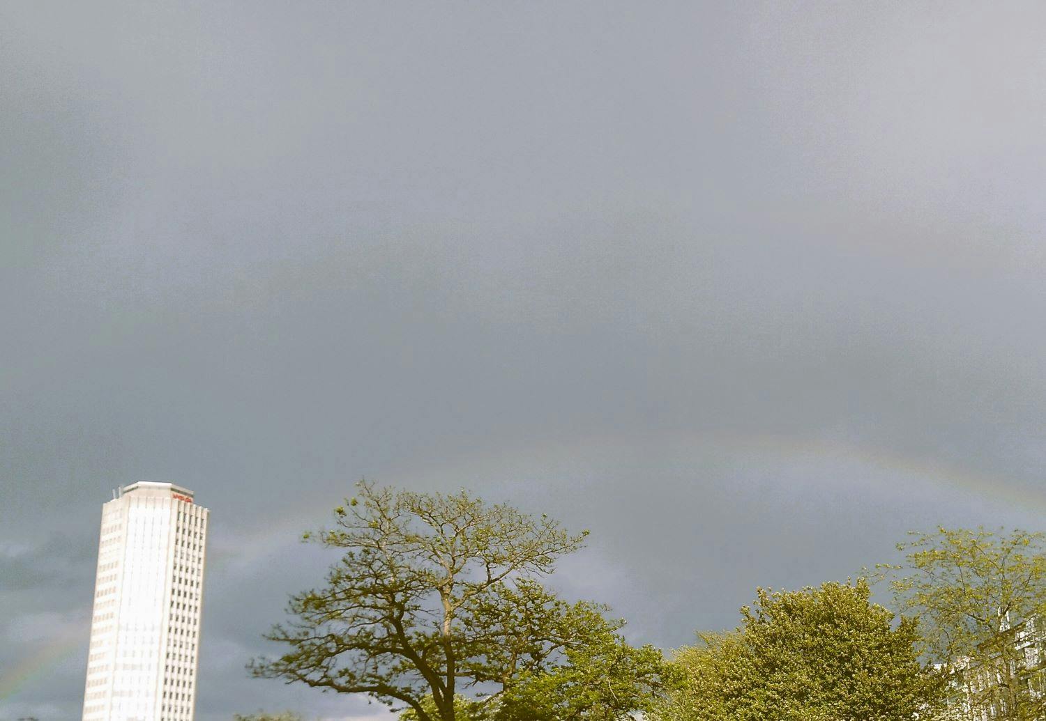 Grauer Himmel, unten im Bild sind grüne Baumkronen zu sehen, links im Bild ein weißes Hochhaus. Ein Regenbogen verbindet Haus und Bäume.