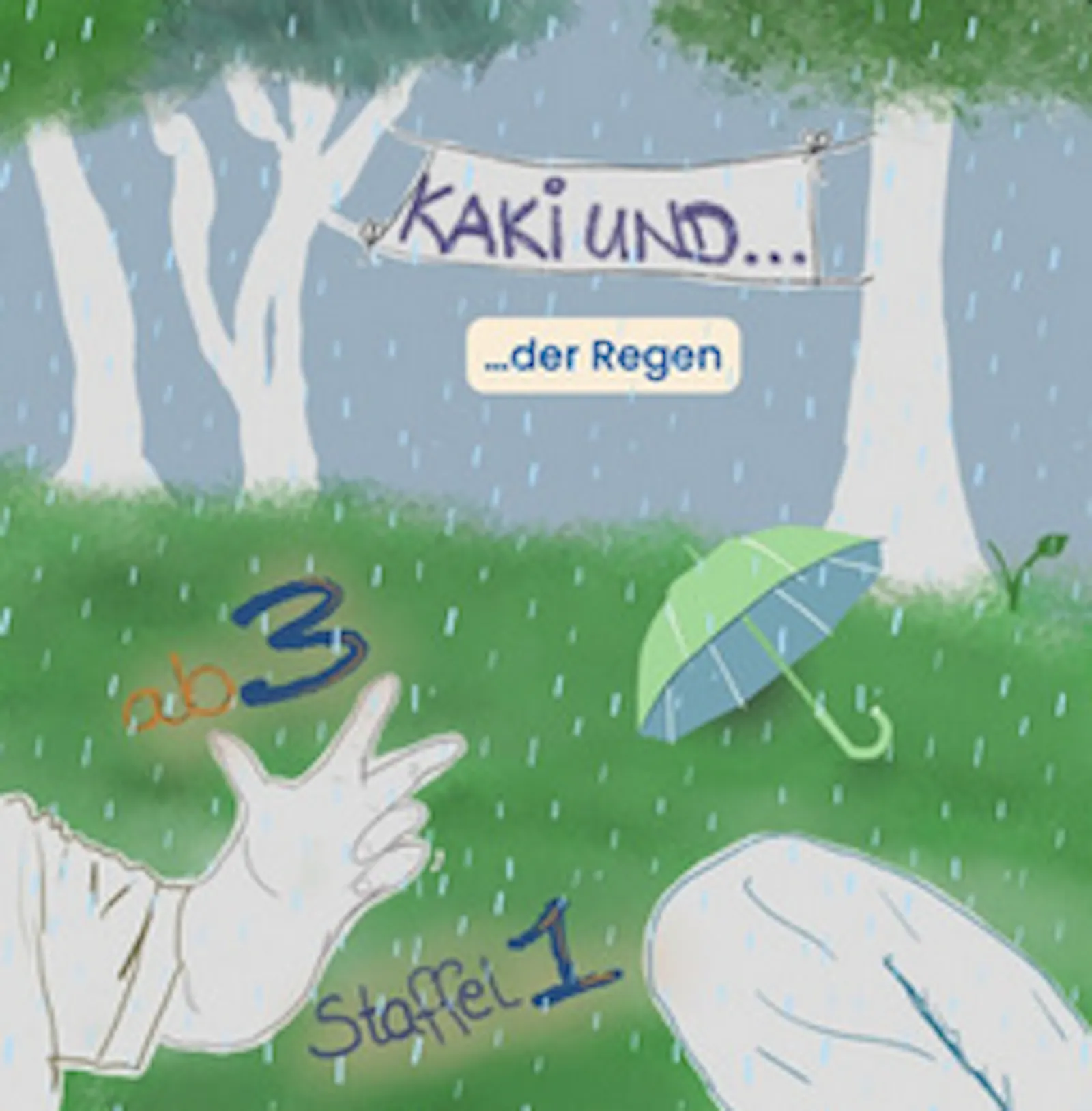 Cover der Folge "Kaki und...der Regen"
Das übliche Bild mit Bäumen im Hintergrund und einer Kinderhand und einem Hosenbein im Vordergrund ist grau voller Regentropfen. Ein Schirm liegt auf der Wiese zwischen den Bäumen.