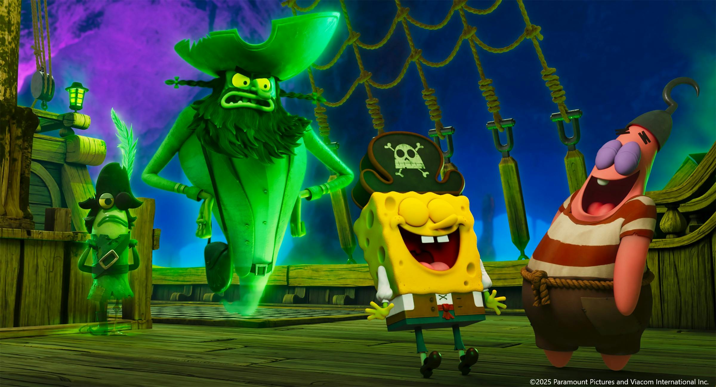Lachen der Gefahr aka Barb und dem Fliegenden Holländer ahnungslos ins Gesicht: SpongeBob und Patrick Star // © 2025 Paramount Pictures and Viacom International Inc. SpongeBob SquarePants is a trademark of Viacom International Inc.