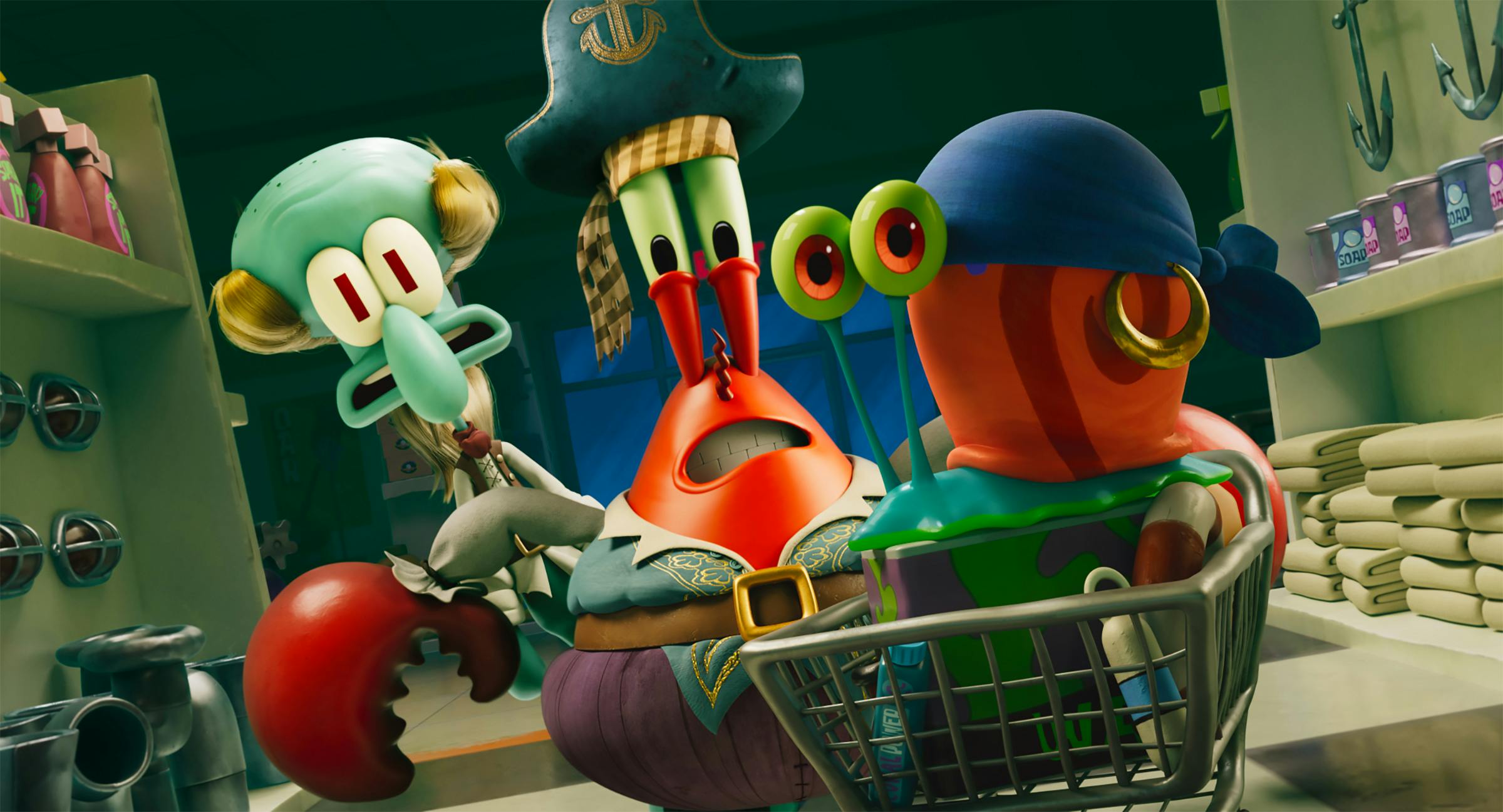 Auch dabei: Thaddäus, Mr. Krabs und Gary (Tom Kenny) in SPONGEBOB SCHWAMMKOPF: PIRATEN AHOI! // © 2025 Paramount Pictures and Viacom International Inc. SpongeBob SquarePants is a trademark of Viacom International Inc.