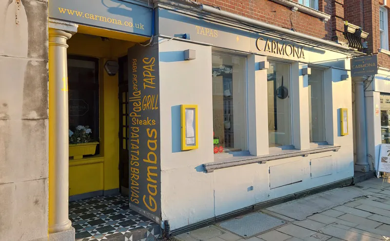 Carmona restaurant at 12 Church Street, Reigate, in the evening sun