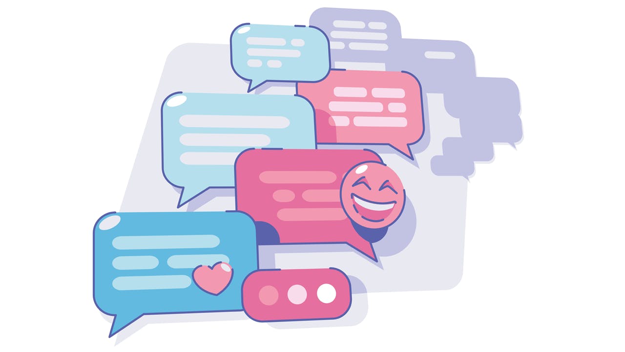 Illustration mehrerer bunter Sprechblasen in Blau und Pink, die einen lebhaften Chatverlauf darstellen. Eine der Sprechblasen zeigt ein lachendes Smiley-Gesicht, eine andere ein Herz-Emoji. Unten ist eine Tipp-Anzeige mit drei Punkten zu sehen.