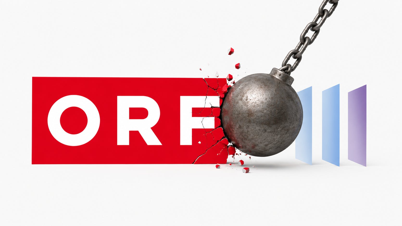 ORF-Logo, das von einer Abrissbirne getroffen wird