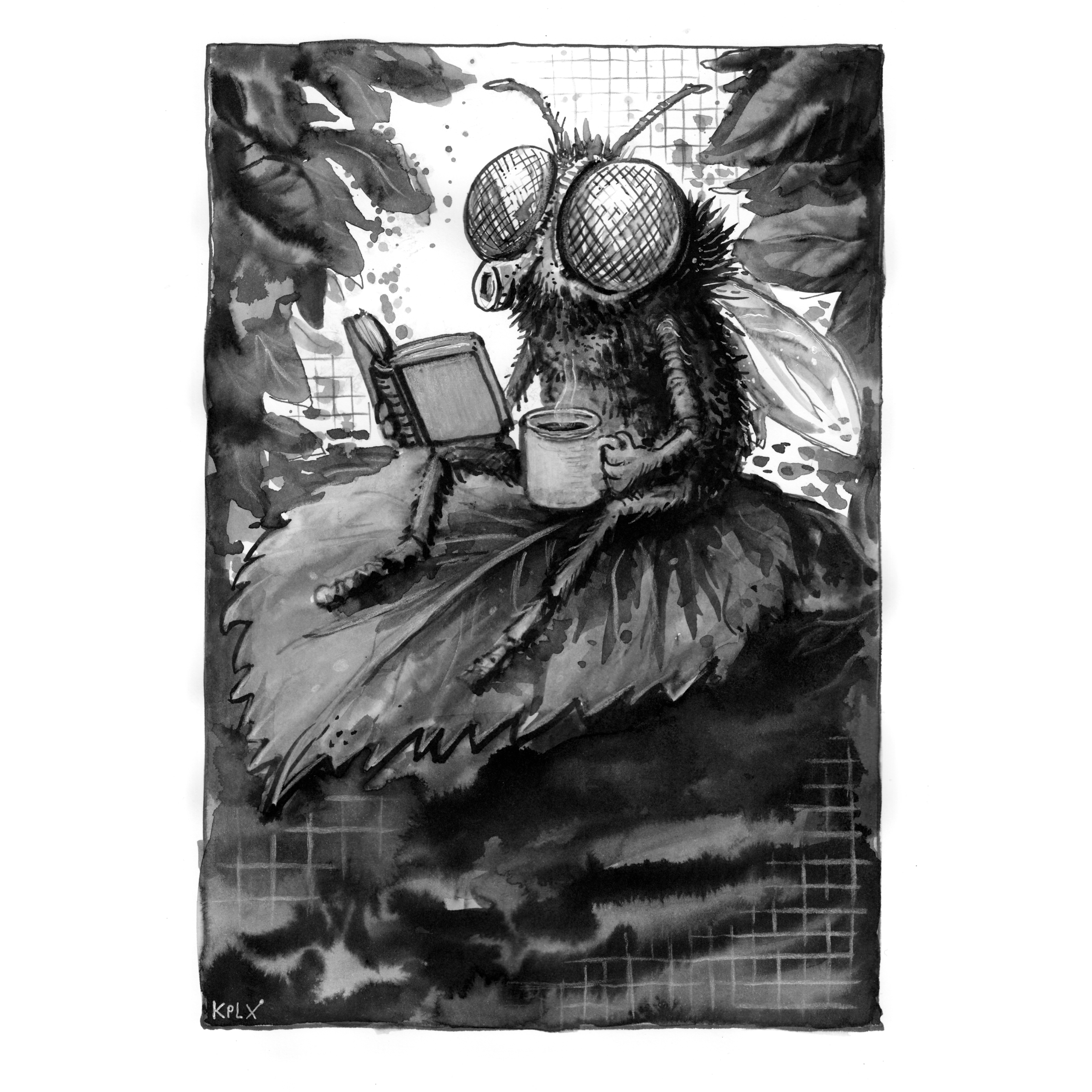 ALT-Text (Deutsch)

Tuschezeichnung einer Fliege mit großen Facettenaugen, die auf einem Blatt sitzt. Sie hält eine Tasse Kaffee in der einen und ein aufgeschlagenes Buch in der anderen Hand.

ALT-Text (English)

Ink illustration of a fly with large compound eyes sitting on a leaf. The fly is holding a cup of coffee in one hand and an open book in the other.