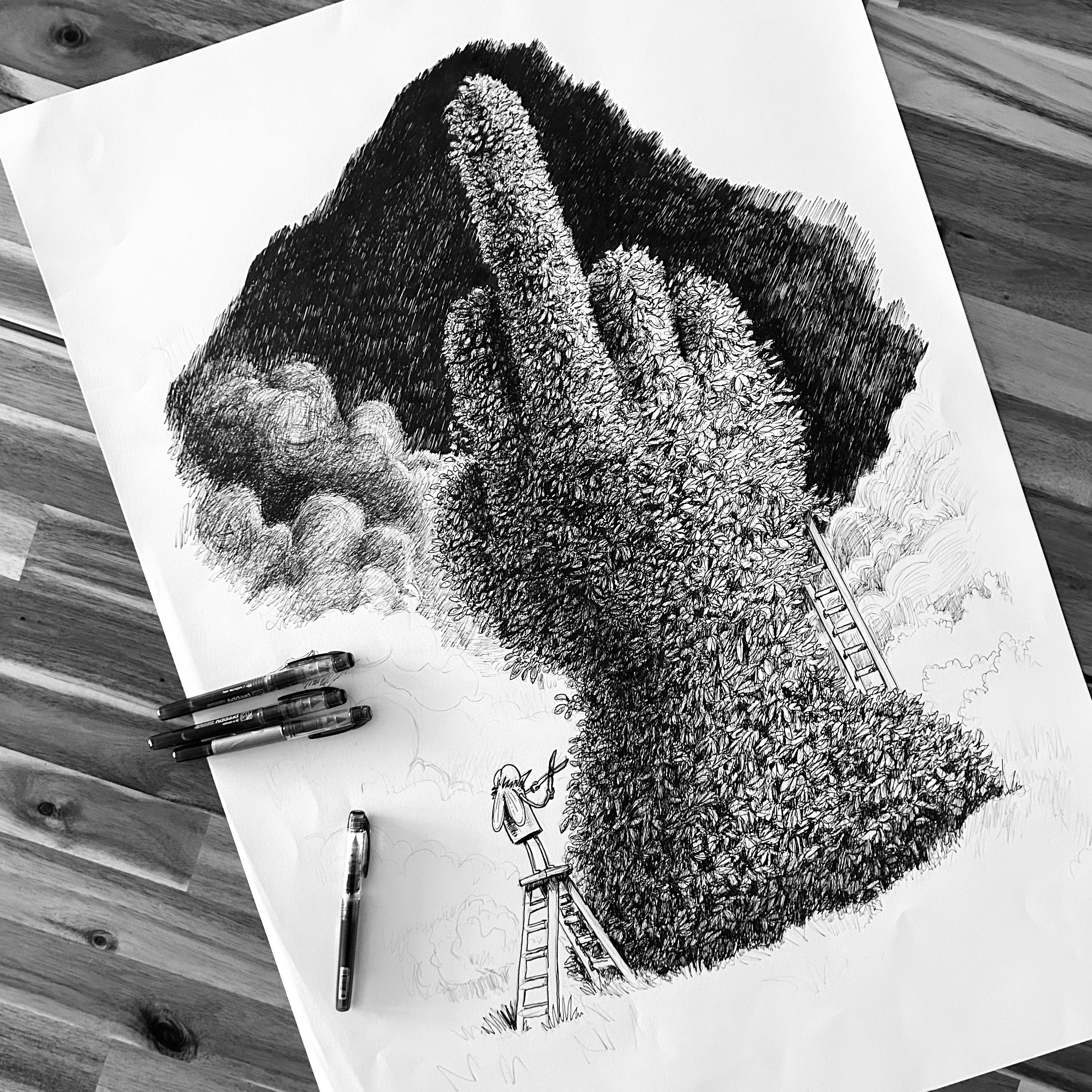 Noch nicht fertige Zeichnung einer zum fuck Finger geschnittenen Hecke