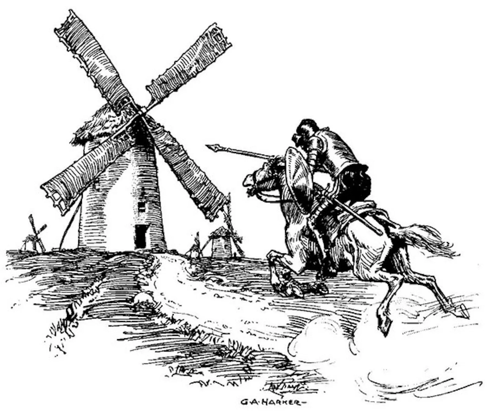 Don Quixote attackiert eine Windmühle