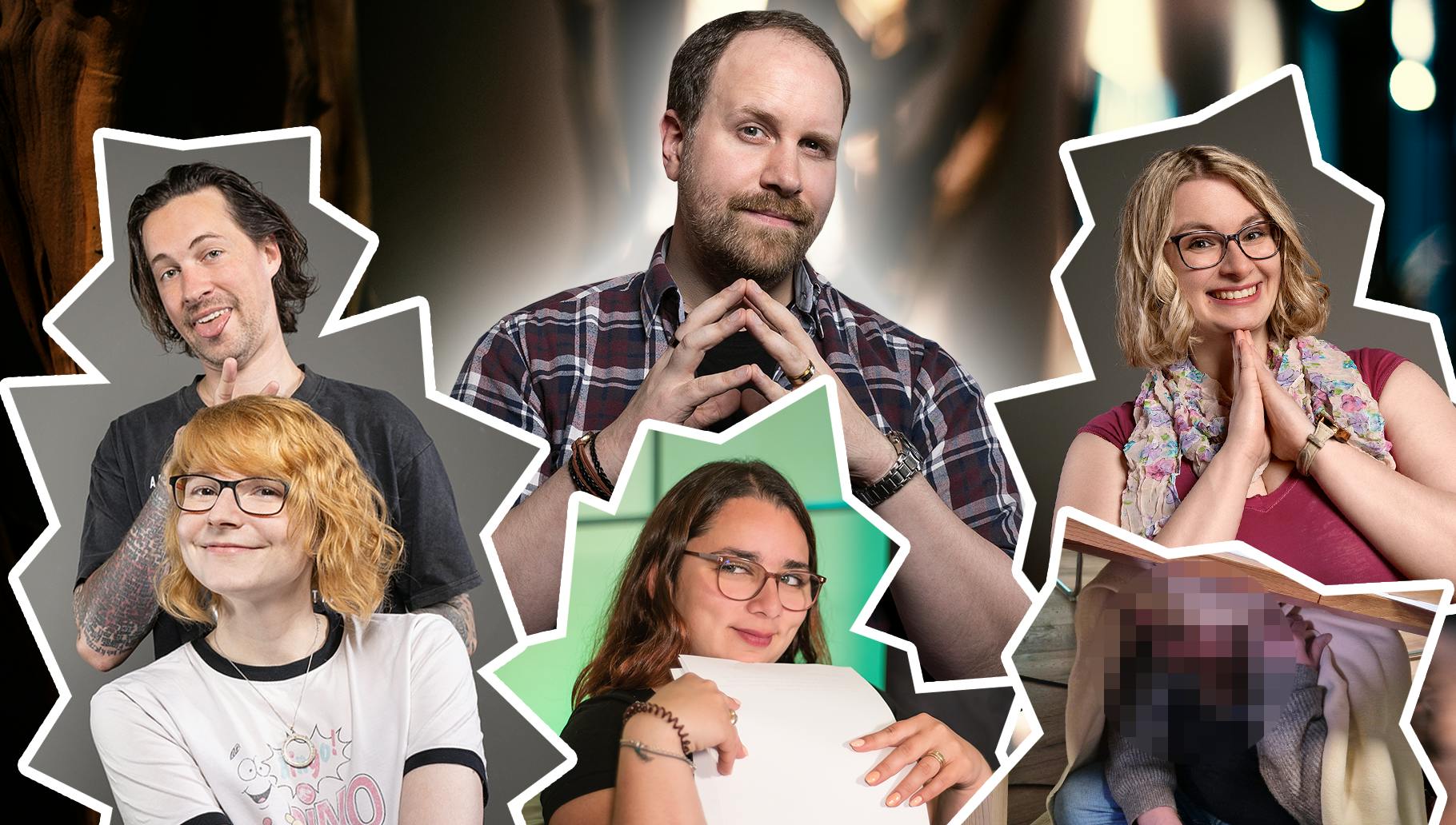 Collage aus fünf Fotos in stern- bzw. zackensternförmigen Ausschnitten auf einem unscharfen Hintergrundfoto. Oben links Patty, darunter Stephie. In der Mitte groß Alex, der die Fingerspitzen zusammenlegt und in die Kamera schaut. Unten mittig Aylin, die ein Blatt Papier hält. Oben rechts Carina, die die vergnügt in die Kamera grinst. Unten rechts ein verpixeltes Bild eines unbekannten Gastes, der unter einem Tisch sitzt.